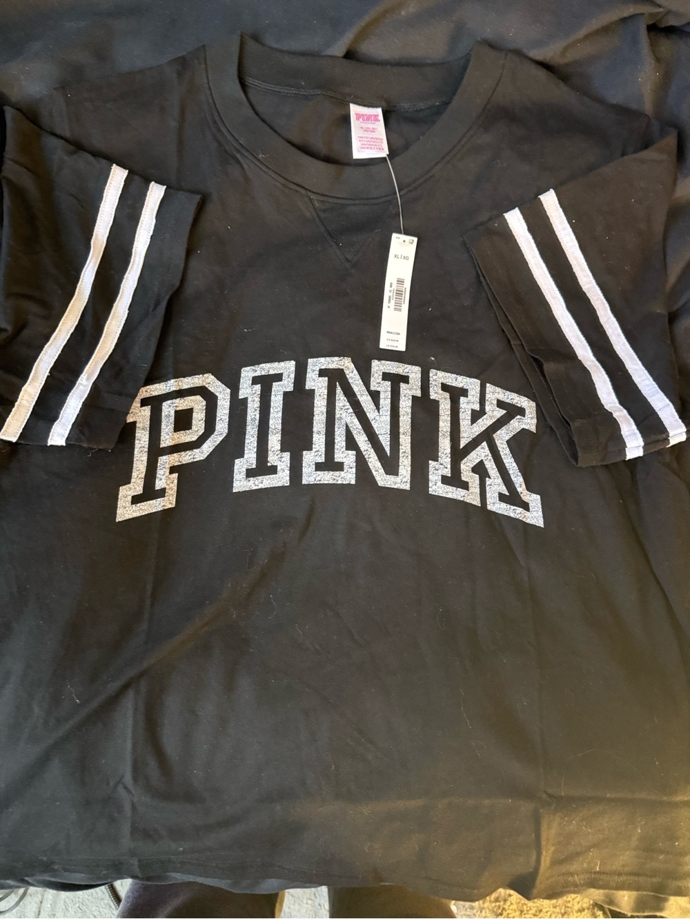 PINK Victoria's Secret Black Short Sleeve Tee with White Stripe Detail